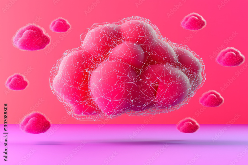 Fototapete Surreal 3D render of a digital cloud filled with floating nodes and interconnected networks, with