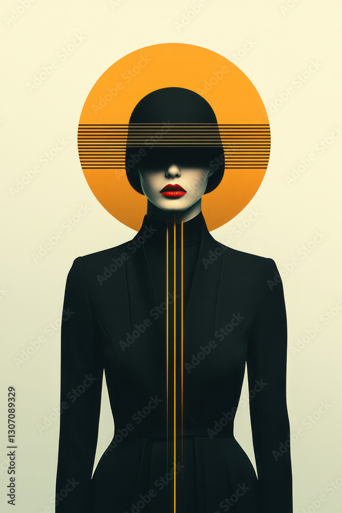Poster elegant portrait of a dignified figure set against a sleek, minimal backdrop with subtle golden