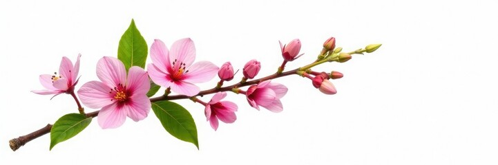Single branch with flowers and leaves isolated on white, white