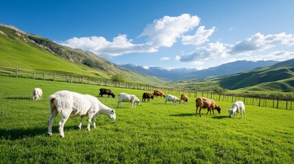pasture with goats grazing on fresh, green grass, surrounded by fencing and with clear blue sky