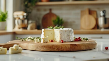 freshly made goat cheese on plate, background of rustic decor and fresh vegetables