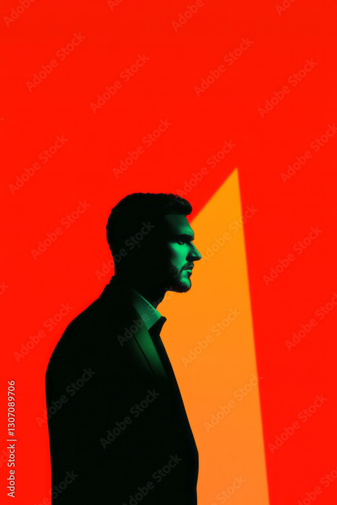 Poster Modern minimalist portrait of a figure in sharp, tailored attire, illuminated by ambient light and