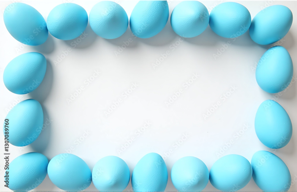 Poster a flat lay photography setup features blue easter eggs arranged in a border pattern against a white 