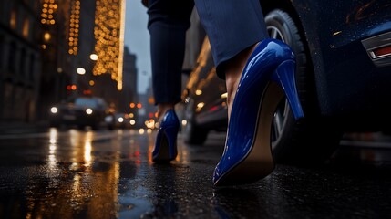 Night City Stroll: A Woman's Elegant Steps in Blue Heels