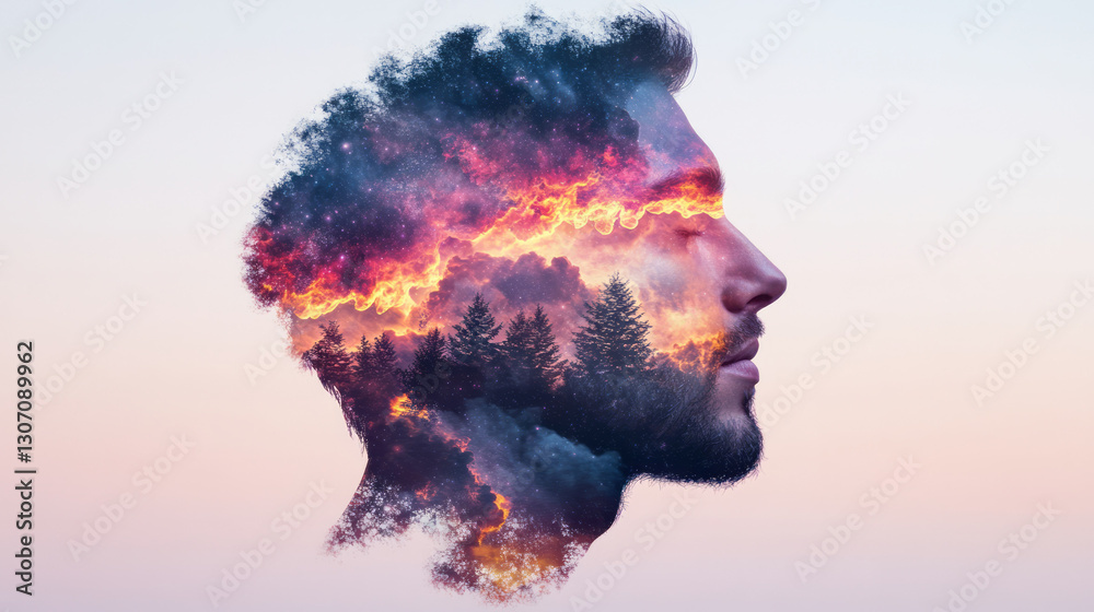 Aufkleber ethereal double-exposure portrait blending a contemplative profile with cosmic nebulae and luminous