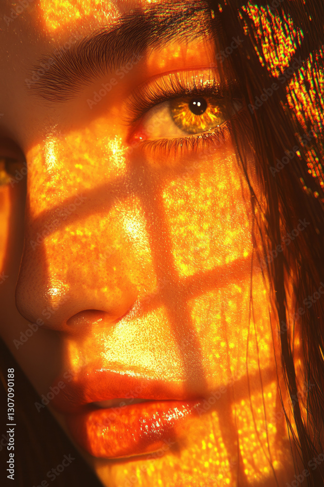 Poster dreamlike close-up capturing a dignified expression bathed in ambient light and subtle gold