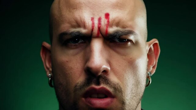 Static close-up video, dramatic side lighting, establishing scene, bald man, multiple piercings, scar across forehead, expressing anger, simple dark green background, eyes blaze, brow furrows