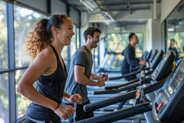 3-4 people exercise in a gym treadmill fitness female.