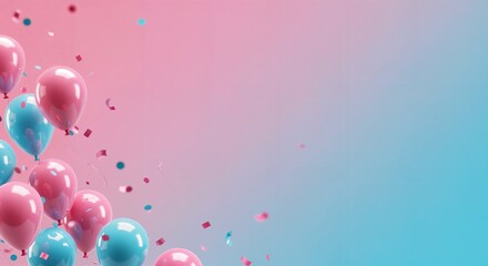 Fototapeta premium Pink and blue balloons float against a red gradient background with confettis raining down. copy space.