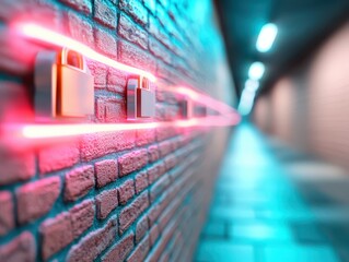 Futuristic firewall with holographic padlocks, glowing privacy data streams, 3D render, neon blue and pink, high-tech protection