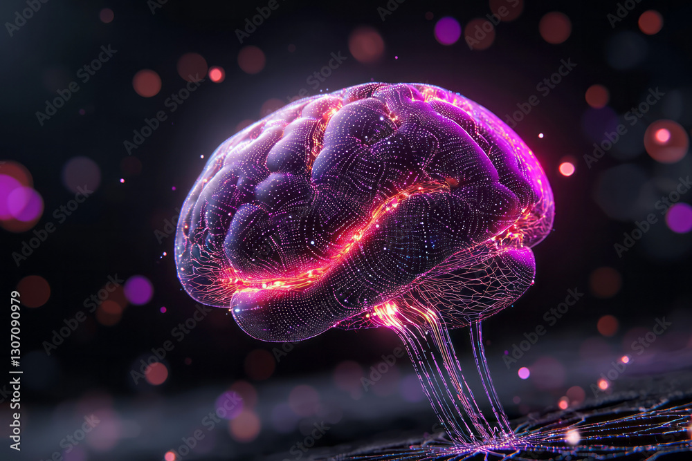 Poster Surreal illustration featuring a luminous brain with cascading digital overlays and fractal
