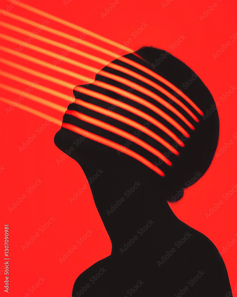 Poster minimalist editorial style with a crisp silhouette of a thinker, overlaid by dynamic, radiant lines