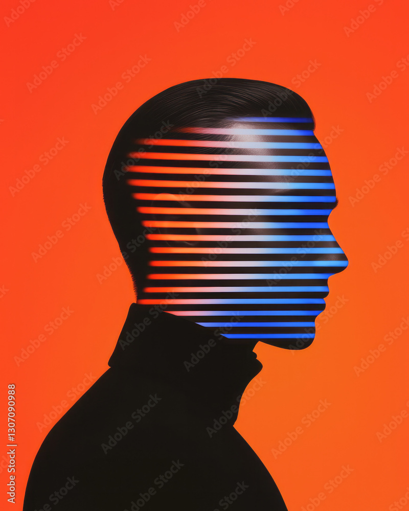 Poster minimalist editorial style with a crisp silhouette of a thinker, overlaid by dynamic, radiant lines
