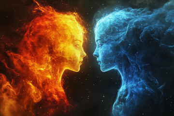 two people face to face in a fiery space with stars and smoke surrounding them, one of them is a blue and the other is a red