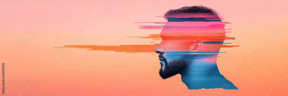 Poster bold editorial style featuring a human figure gazing into a horizon where digital grids dissolve