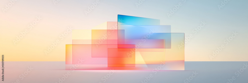 Poster a digital composition with interwoven layers of transparent geometric shapes and subtle gradients,