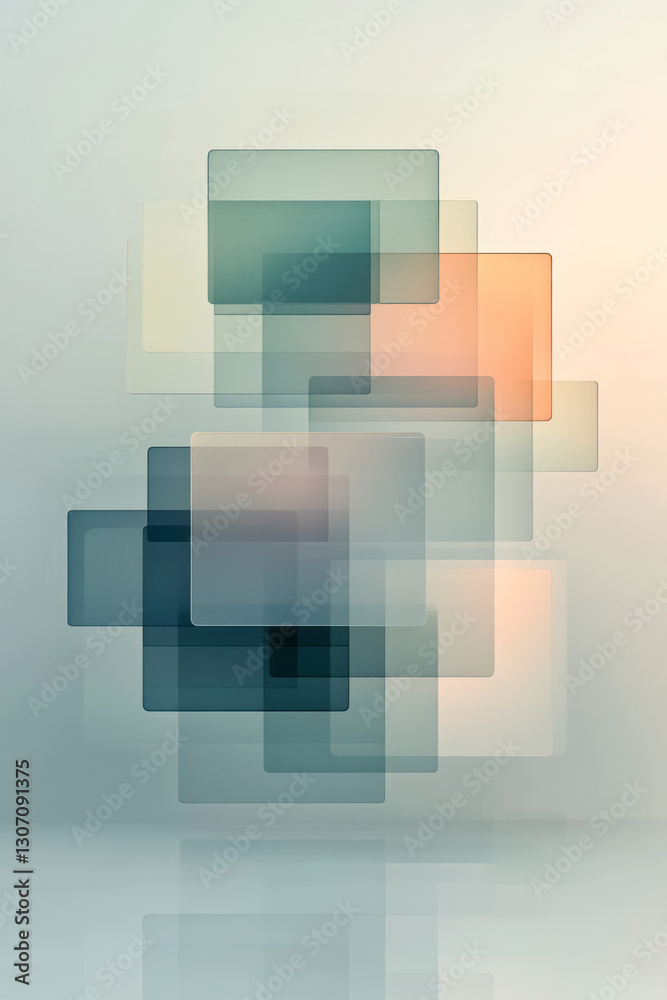 Poster a sophisticated interface design with overlapping translucent panels and reflective elements,