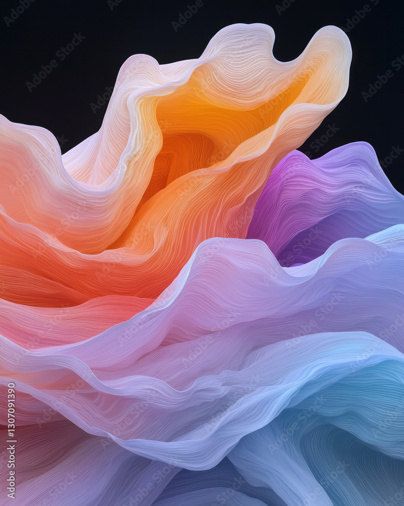 Poster a vivid digital sculpture in motion, where shifting layers of color and form converge to reveal the