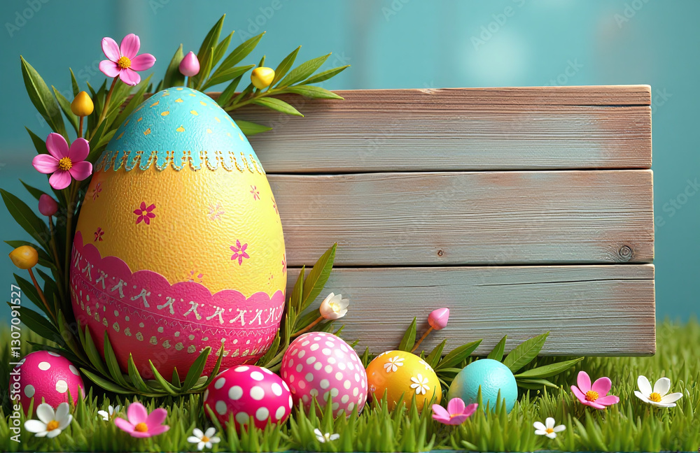 Poster A Colorful Easter Egg Design Wraps Around A Rustic Wooden Banner With Copy Space To Create A Unique Visual Statement Online.