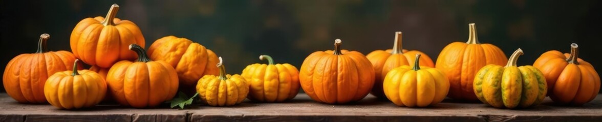 Obraz premium Stack of colorful pumpkins and squashes on a wooden table, harvest, squash