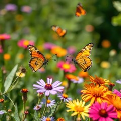 Fototapeta premium Butterflies flitting around a colorful patch of wildflowers, butterflies, colorful