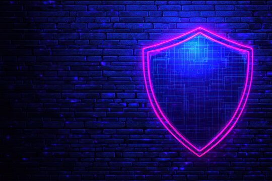 Holographic shield icon protecting privacy data, glitch effect, neon blue and purple tones, cyberpunk style, digital illustration - Powered by Adobe