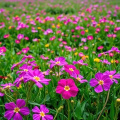 Fototapeta premium Campo cubierto de flores moradas con gotas de lluvia, verde, campo