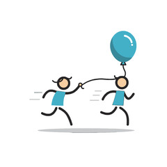 Playful Stick Figure Illustration of Two Children Running with a Blue Balloon