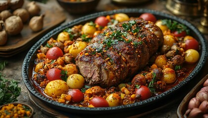 Succulent Roasted Meat with Baby Potatoes and Cherry Tomatoes on a Decorative Platter

