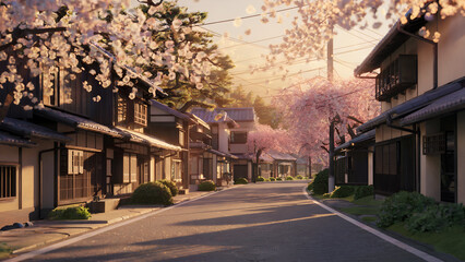 Fototapeta premium Japanese Town Sakura Blossom Sunrise