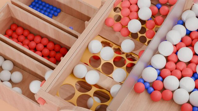Ball sorting machine. Ball grading machine. Rolling ball digital art. Marble run 3d animation