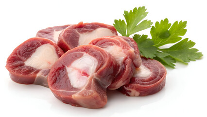 Raw chicken gizzards, isolated on a white background, highlighting their fresh texture and deep reddish-pink color.