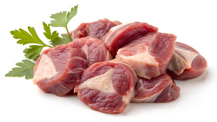 Raw chicken gizzards, isolated on a white background, highlighting their fresh texture and deep reddish-pink color.
