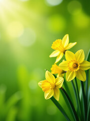 A Bright Banner Featuring A Cheerful Arrangement Of Fresh Daffodils Against A Lush Green Garden Background With Plenty Of Copy Space Available.