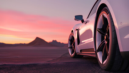 Close-up of the side of an electric sports car in white with black rims, against a pink and orange gradient sky, in a cinematic desert background.
