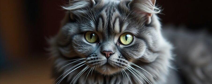 Close-up of a fluffy grey cat with green eyes ignoring the camera, cute, feline, domestic - Powered by Adobe