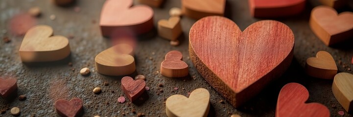 Close-up of a heart-shaped piece of wood surrounded by small wooden hearts on a textured brown backdrop , valentinstag, herzform