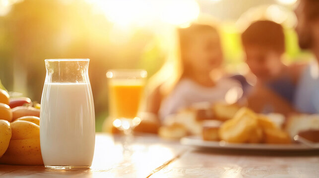 family enjoying healthy breakfast with fresh fruits and drinks in sunlight