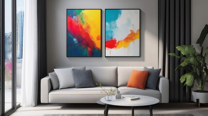 Abstract art decorates modern apartment living room