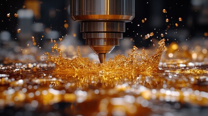 Industrial CNC machine cutting with oil splash