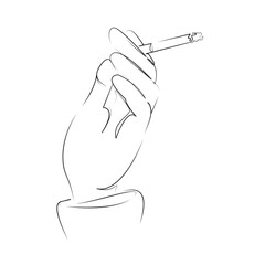 One continuous line art drawing flat illustration person, cigarette, hand, addiction, holding, nicotine, finger, smoke, unhealthy. Isolated image hand draw outline on white background
