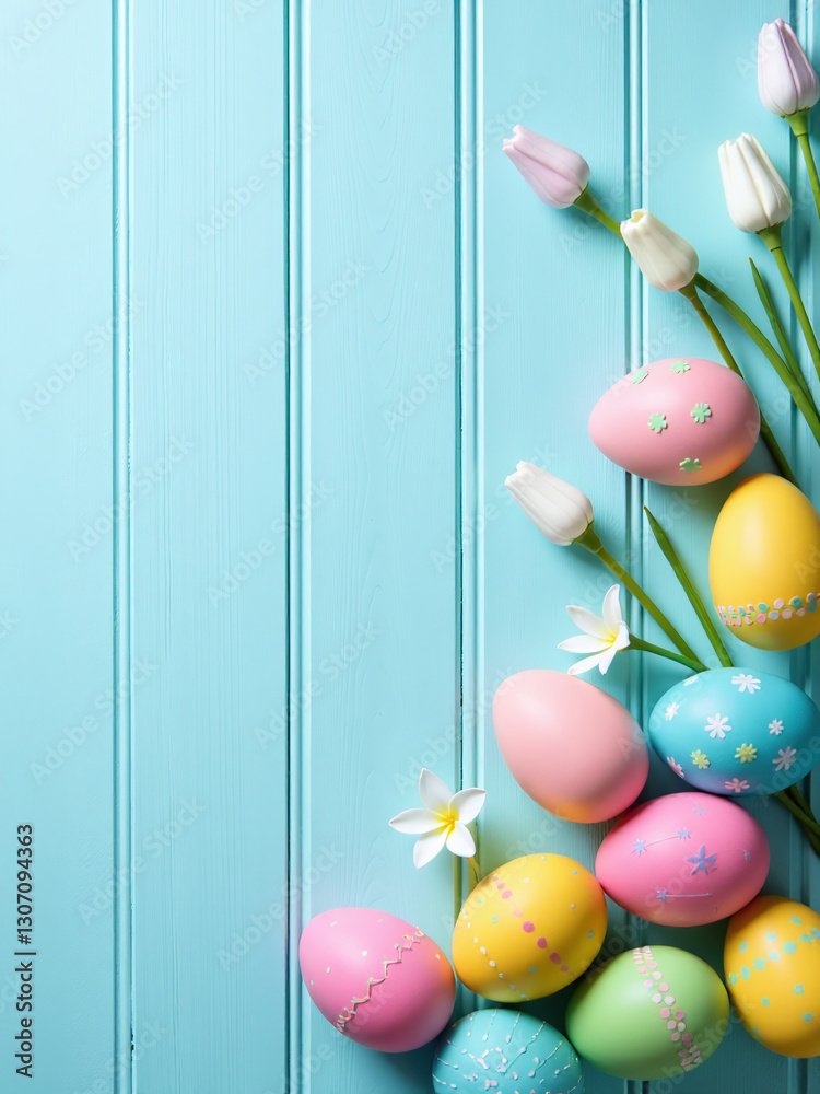 Poster a beautifully decorated easter table with light blue wooden background and colorful eggs set up in a