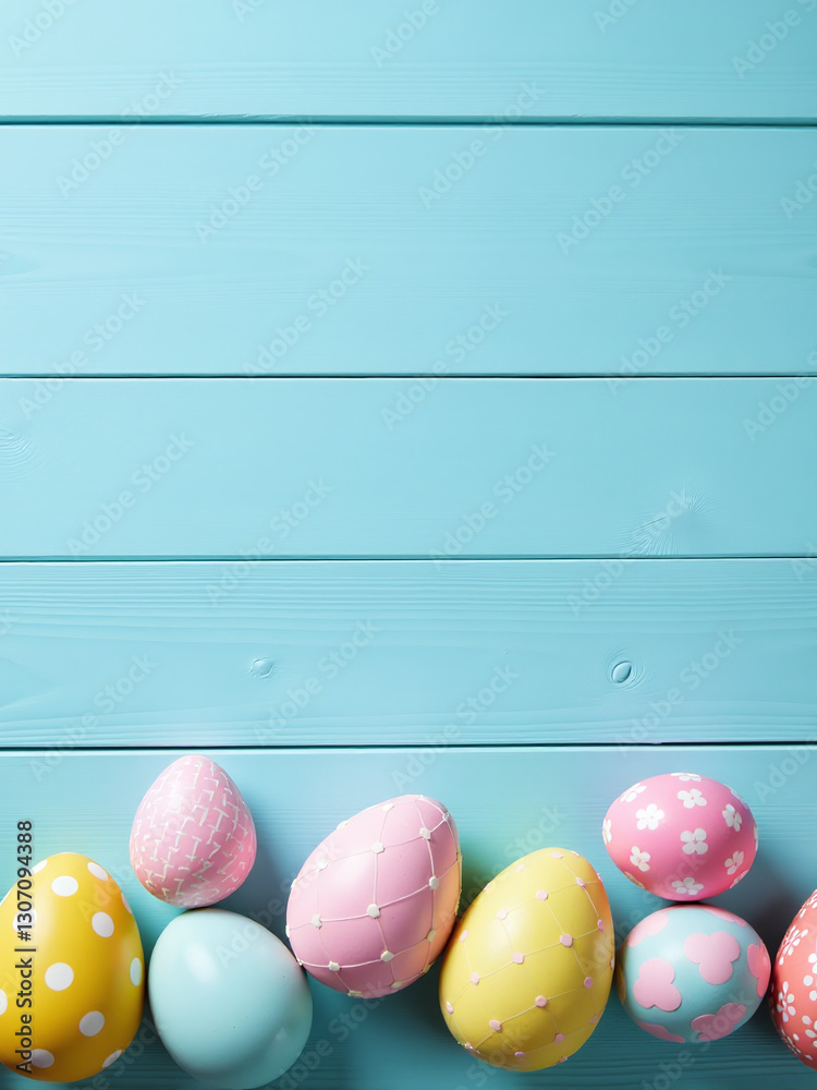 Poster a beautifully decorated easter table with light blue wooden background and colorful eggs set up in a