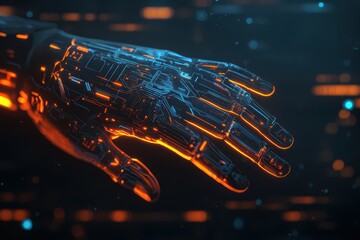 Digital hand hacking through a data network, glowing red and blue cracks, sci-fi look, neon lights and glitch effect