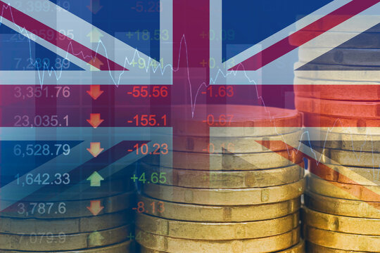 UK United Kingdom flag with stock market finance, economy trend graph digital technology.