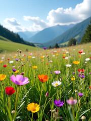 Obraz premium A Beautiful Meadow Filled With Vibrant Wildflowers Serves As A Picturesque Backdrop For A Serene Landscape Photography Scene.