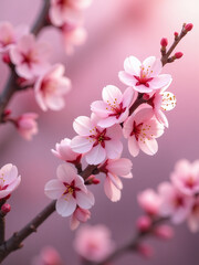 Obraz premium A Beautiful Floral Spring Background Features Branches Of Pink Blossoming Cherry Flowers In A Soft Focus Macro View.