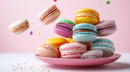 A tempting assortment of colorful French cookies rests elegantly on a pink plate, surrounded by scattered sprinkles