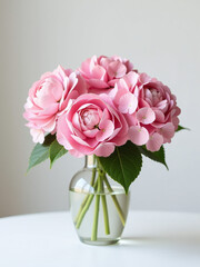 Fototapeta premium A Beautiful Bouquet Of Pink Hydrangeas Adorns A Crisp White Table, Adding A Touch Of Elegance To The Empty Space Around It.