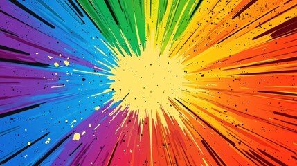 Abstract rainbow burst with vibrant colors and paint splatters.